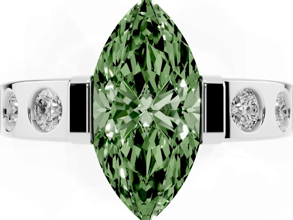 Fancy Green Marquise Cut Brilliant Channel-Set Diamond Ring with Bezel Prong Setting Silver