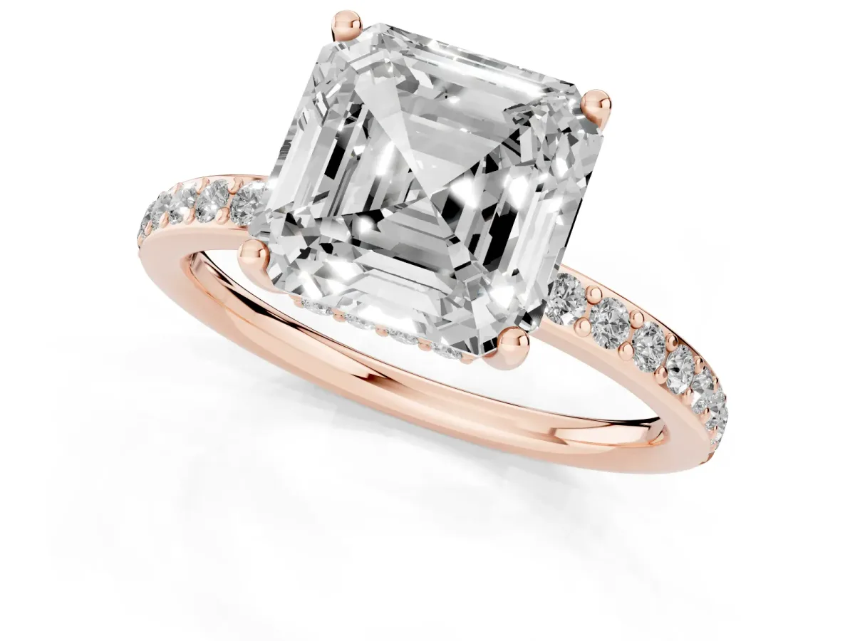 Asscher Cut Cut Diamond Pavé Band Ring with Four-Prong Setting Rose gold