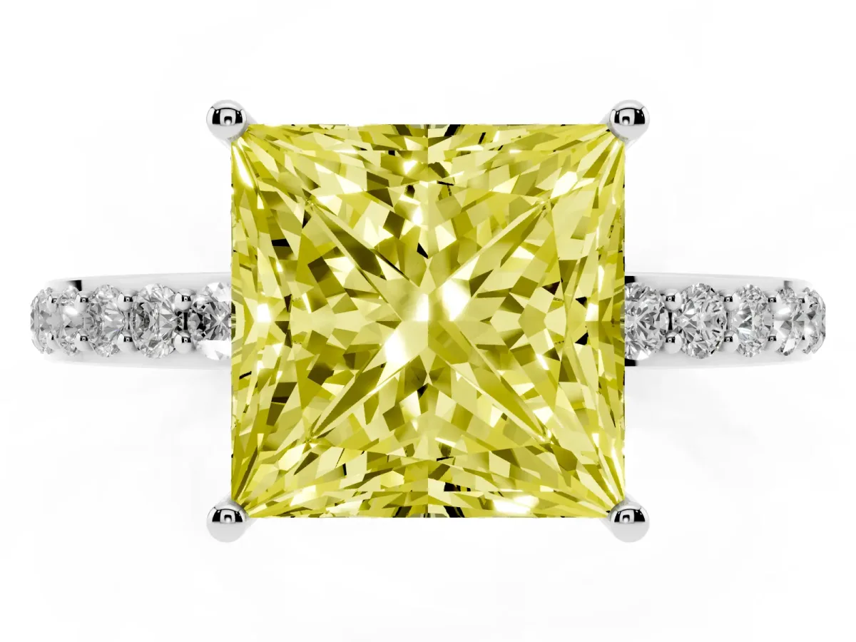 Fancy Yellow Princess Cut Diamond Solitaire Ring with Pavé Band and Hidden Halo Silver