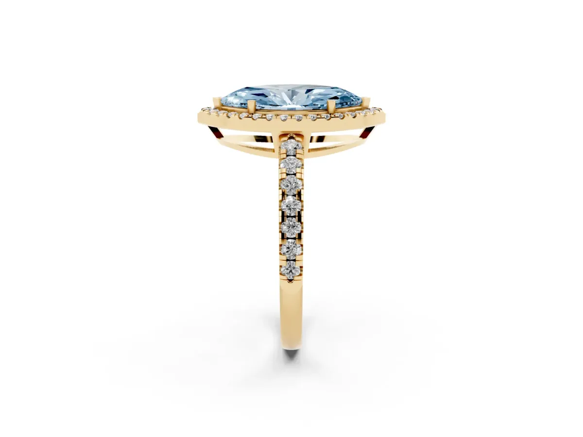 Fancy Blue Marquise Cut Diamond Halo Ring with Pavé Band and Four-Prong Setting Yellow gold