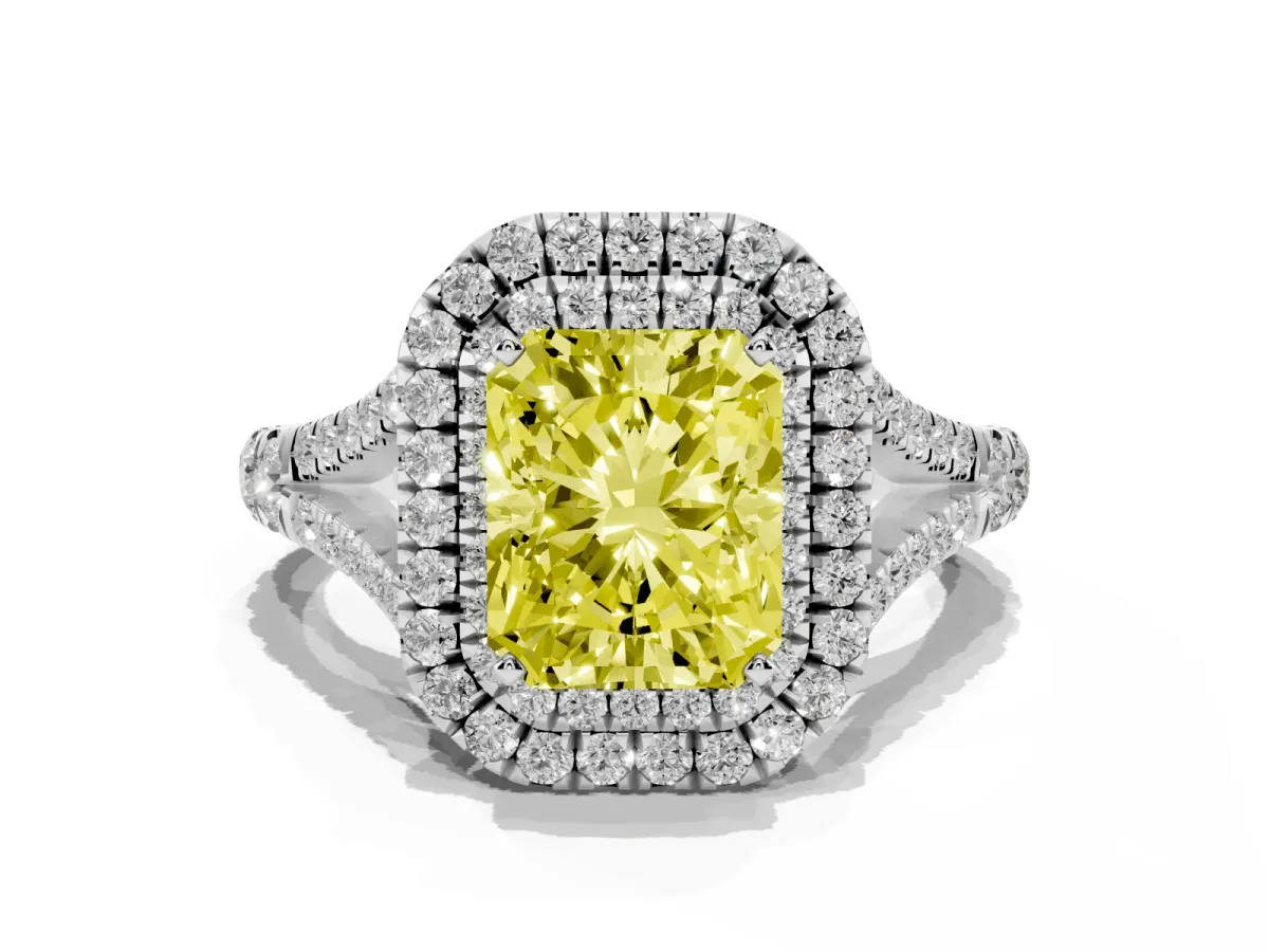 Fancy Yellow Radiant Cut Cut Double Halo Split Shank Diamond Ring with Prong Setting White gold