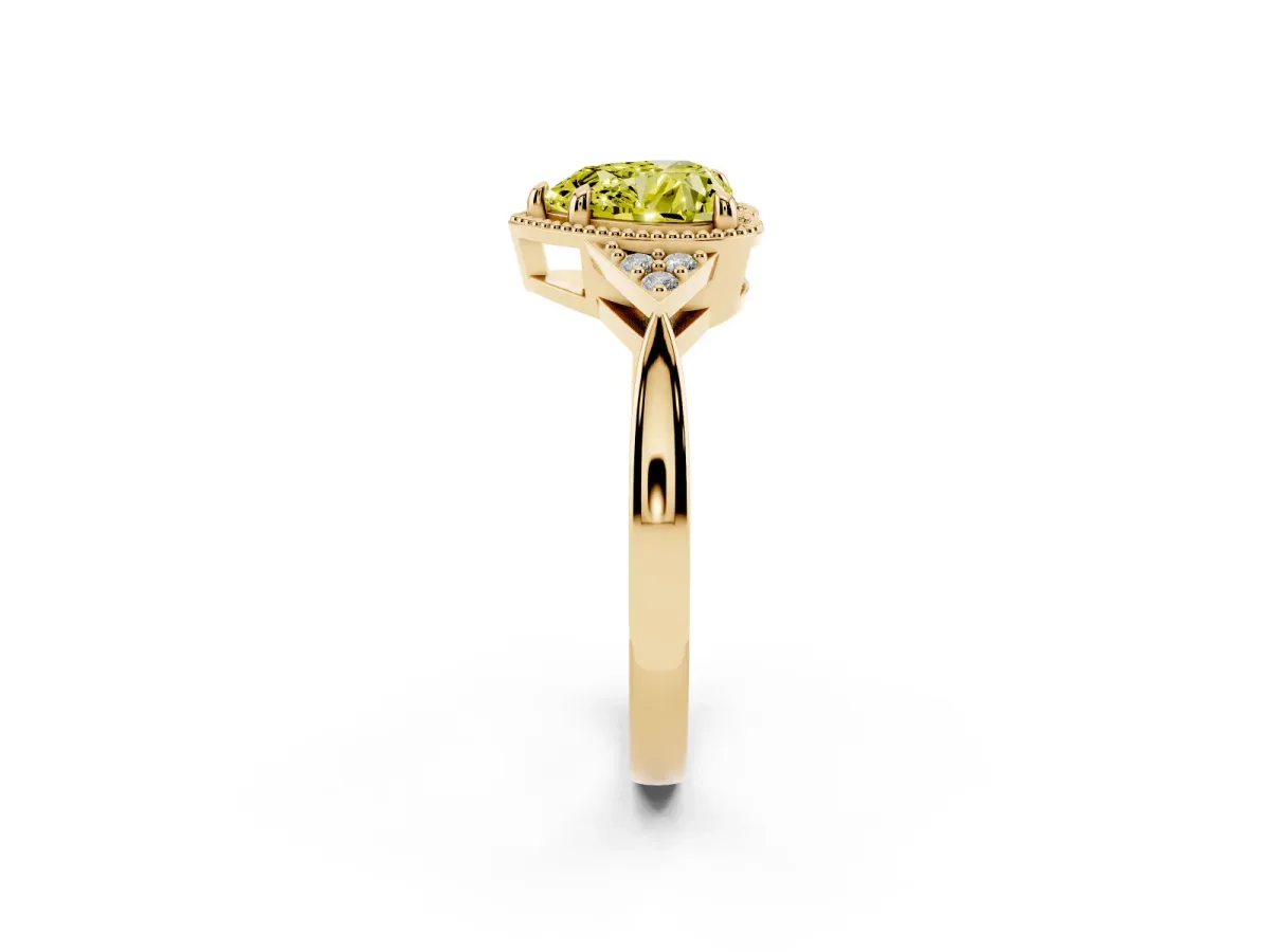 Fancy Yellow Hexagonal Halo Heart Cut Diamond Solitaire with Pavé Band and Four-Prong Setting Yellow gold