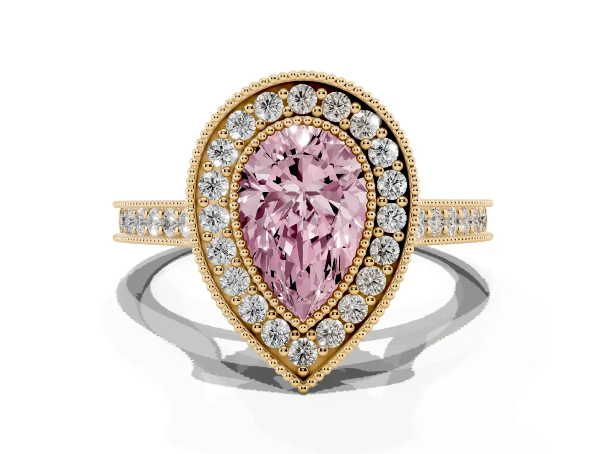 Fancy Pink Halo Pear Cut-Cut Diamond Pave Band Milgrain Prong Setting Ring Yellow gold