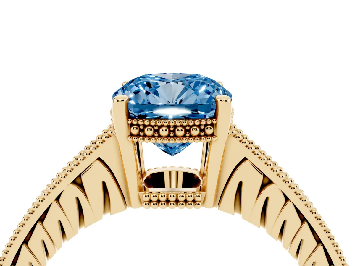 Fancy Blue Cushion Cut Solitaire Pavé Diamond Milgrain Engagement Ring with Four-Prong Setting Yellow gold