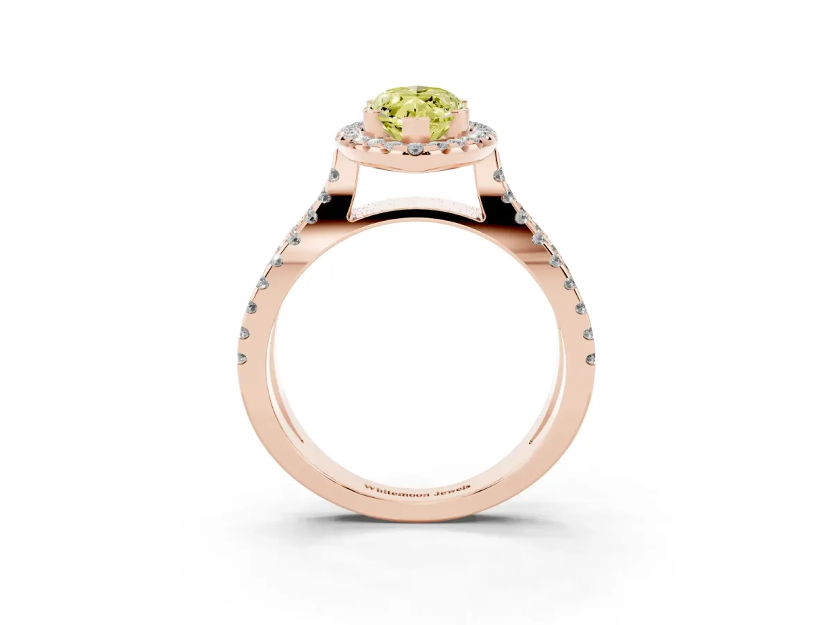 Fancy Yellow Marquise Cut Diamond Halo Ring with Split Shank Pavé Band and Prong Setting Rose gold