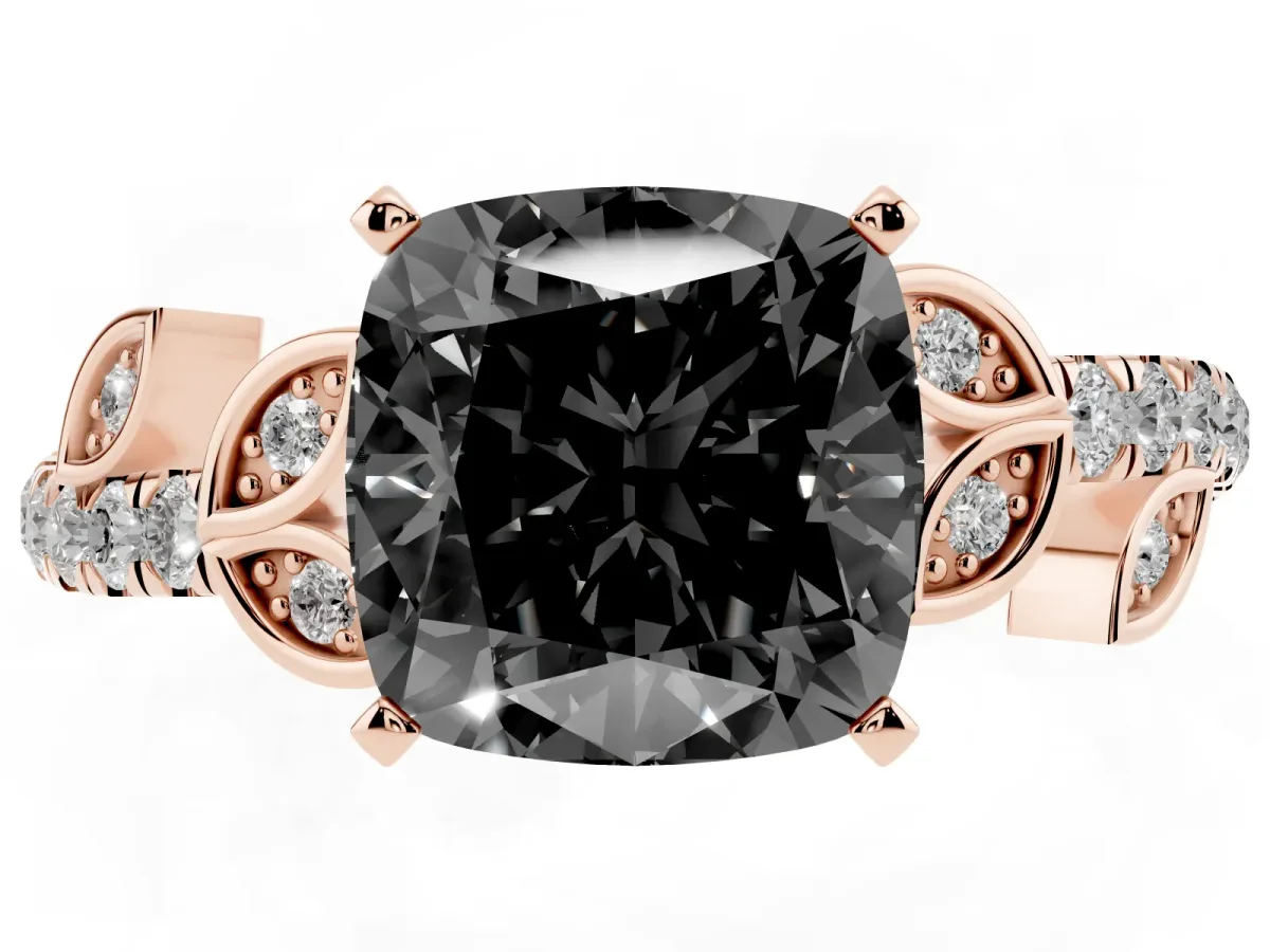 Fancy Black Cushion Cut Solitaire Leaf-Inspired Diamond Ring with Pavé Band and Four-Prong Setting Rose gold