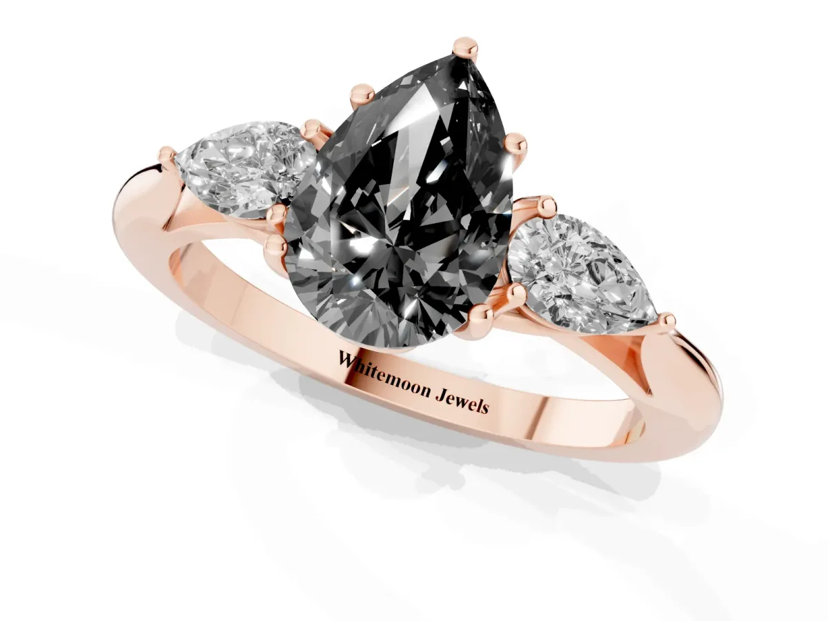 Fancy Black Pear Cut Diamond Three-Stone Ring with Pear Side Stones and Prong Setting Rose gold