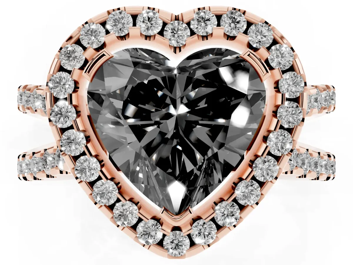Fancy Black Heart Cut Diamond Halo Ring with Split Shank Pavé Band and Prong Setting Rose gold