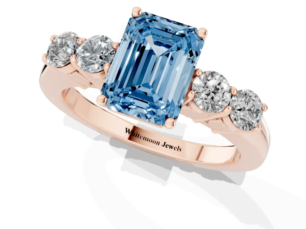 Fancy Blue Emerald Cut Cut Diamond Five-Stone Prong Set White Gold Ring Rose gold