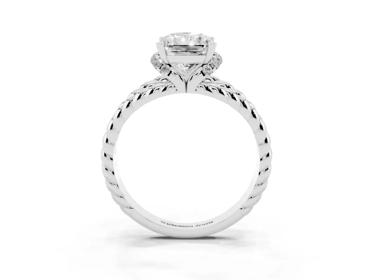 Radiant Cut Halo Twisted Band Four-Prong Ring Silver