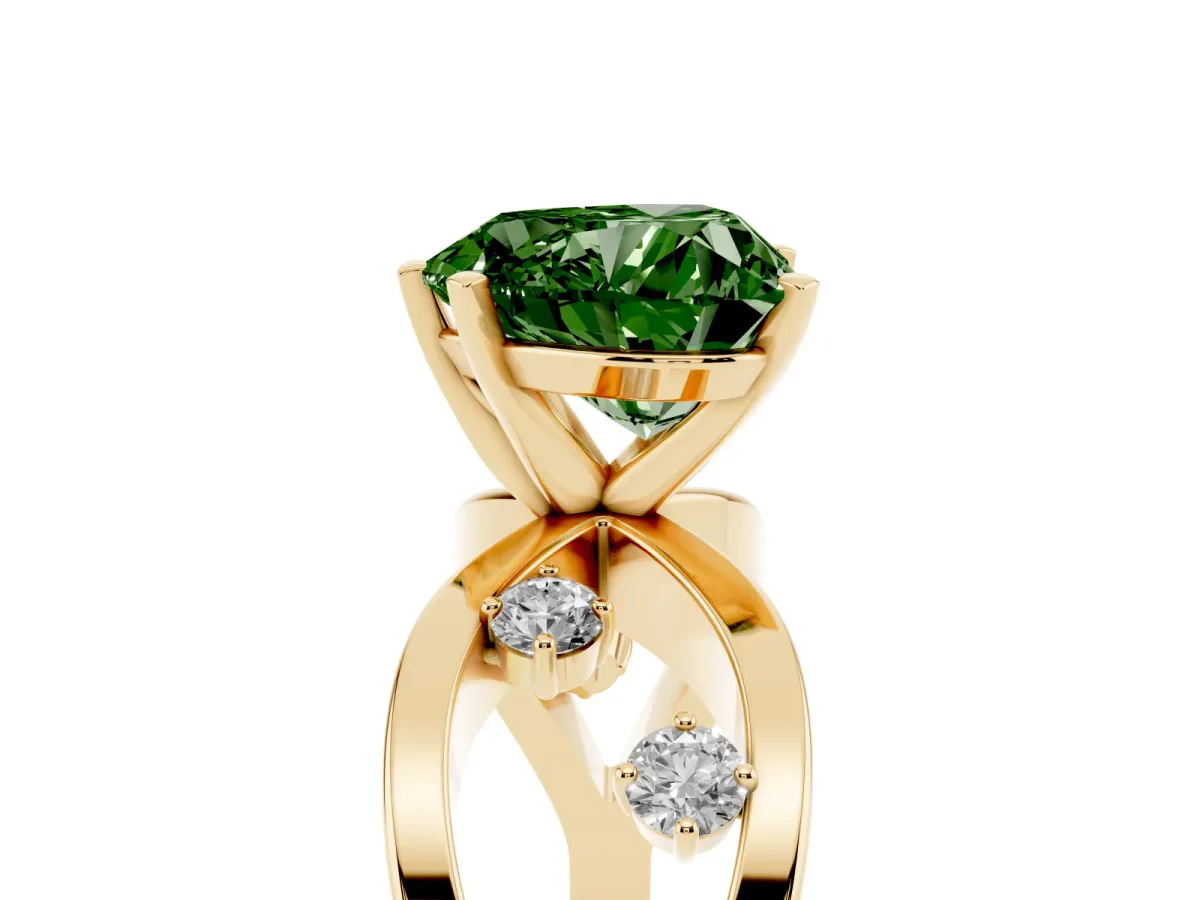 Fancy Green Heart Cut Cut Solitaire Diamond with Side Stones on Criss-Cross Band and Four-Prong Setting Yellow gold