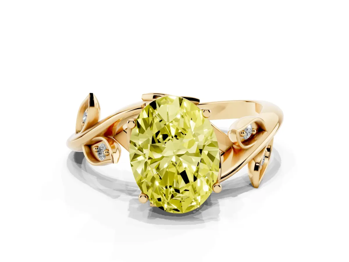 Fancy Yellow Oval Cut Solitaire Twist Engagement Ring with Leaf Accents and Prong Setting Yellow gold