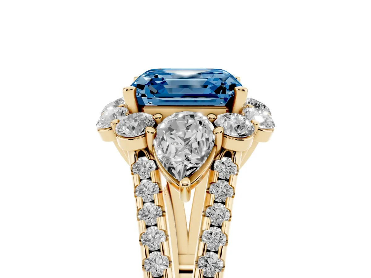 Fancy Blue Asscher Cut Halo Split Shank Diamond Engagement Ring with Prong Setting Yellow gold