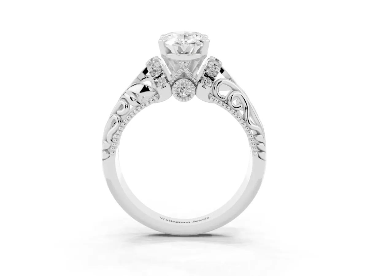 Oval Cut Solitaire Filigree Engagement Ring with Halo and Prong Setting Platinum
