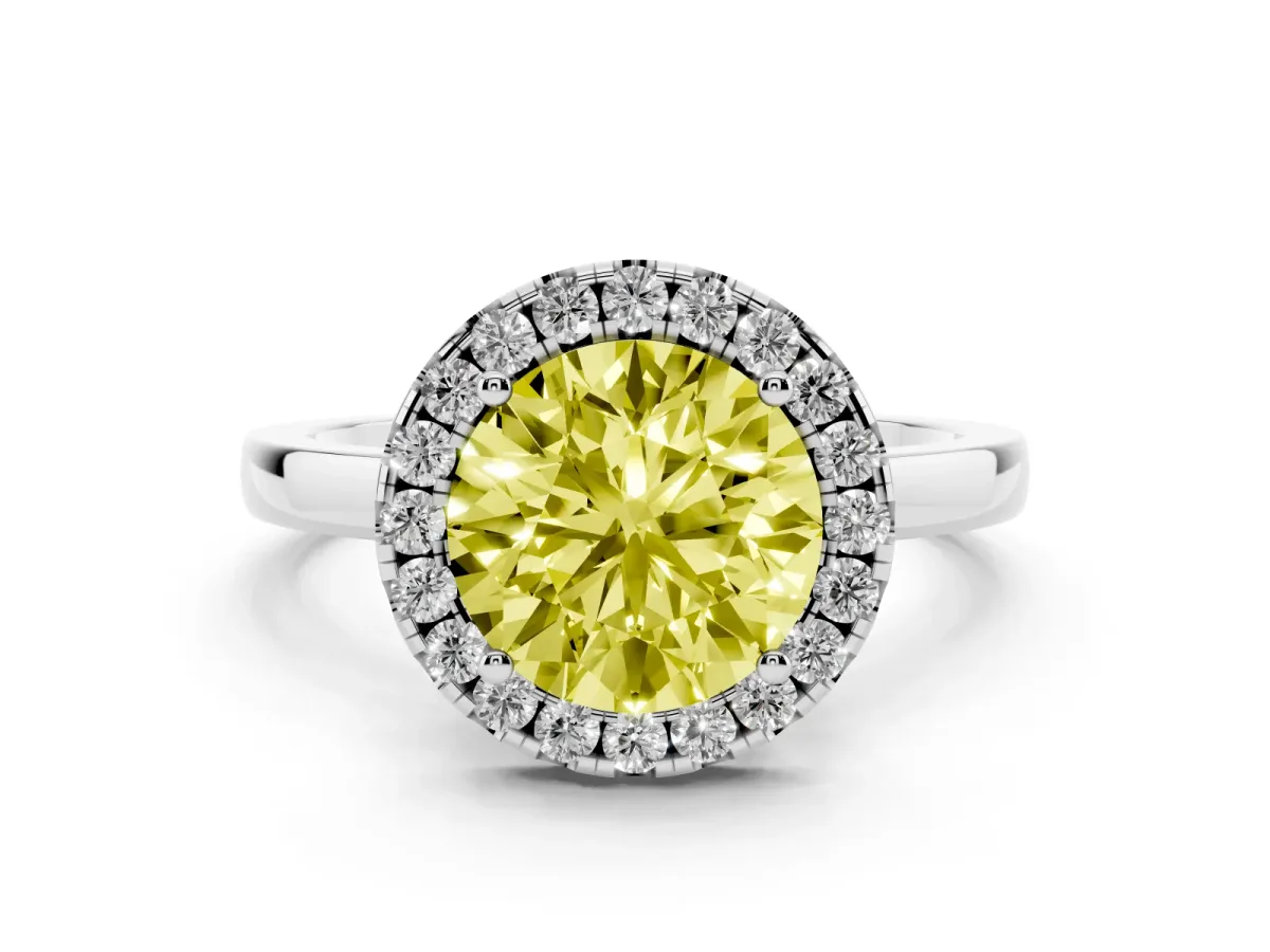 Fancy Yellow Round Cut Halo Diamond Solitaire with Pavé Band and Four-Prong Setting Silver