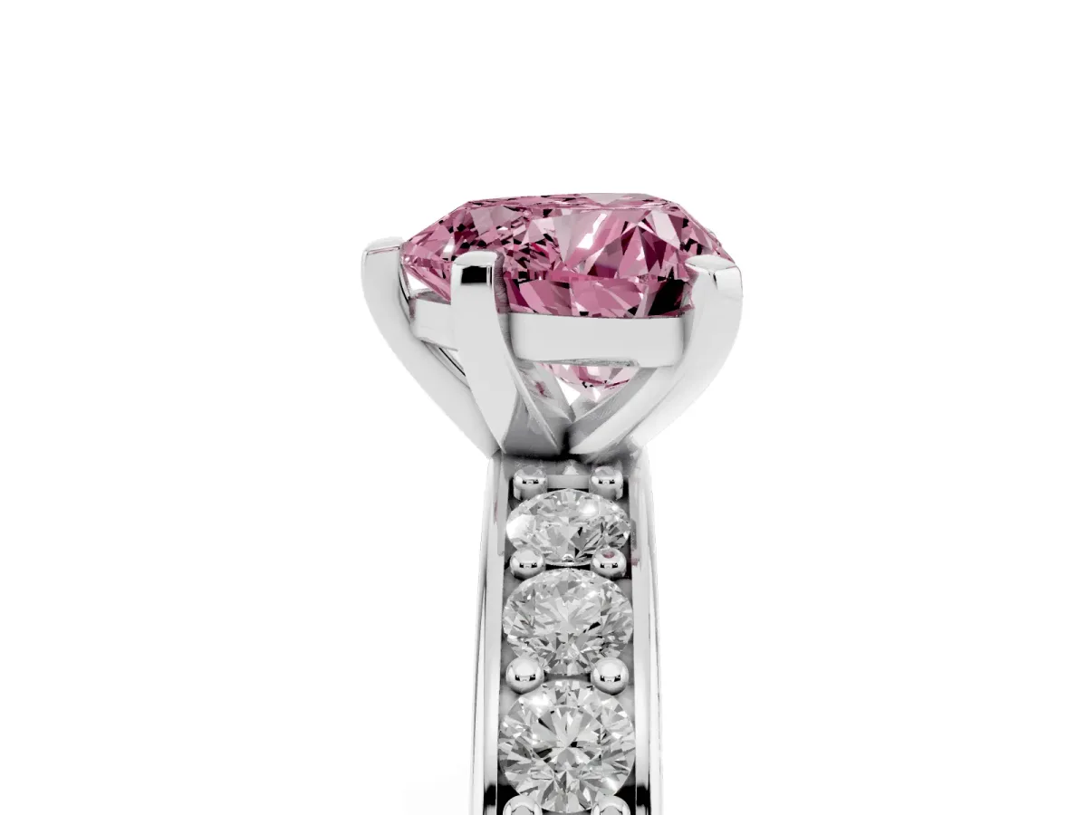 Fancy Pink Heart Cut Diamond Engagement Ring with Channel Set Round Band and Prong Setting White gold