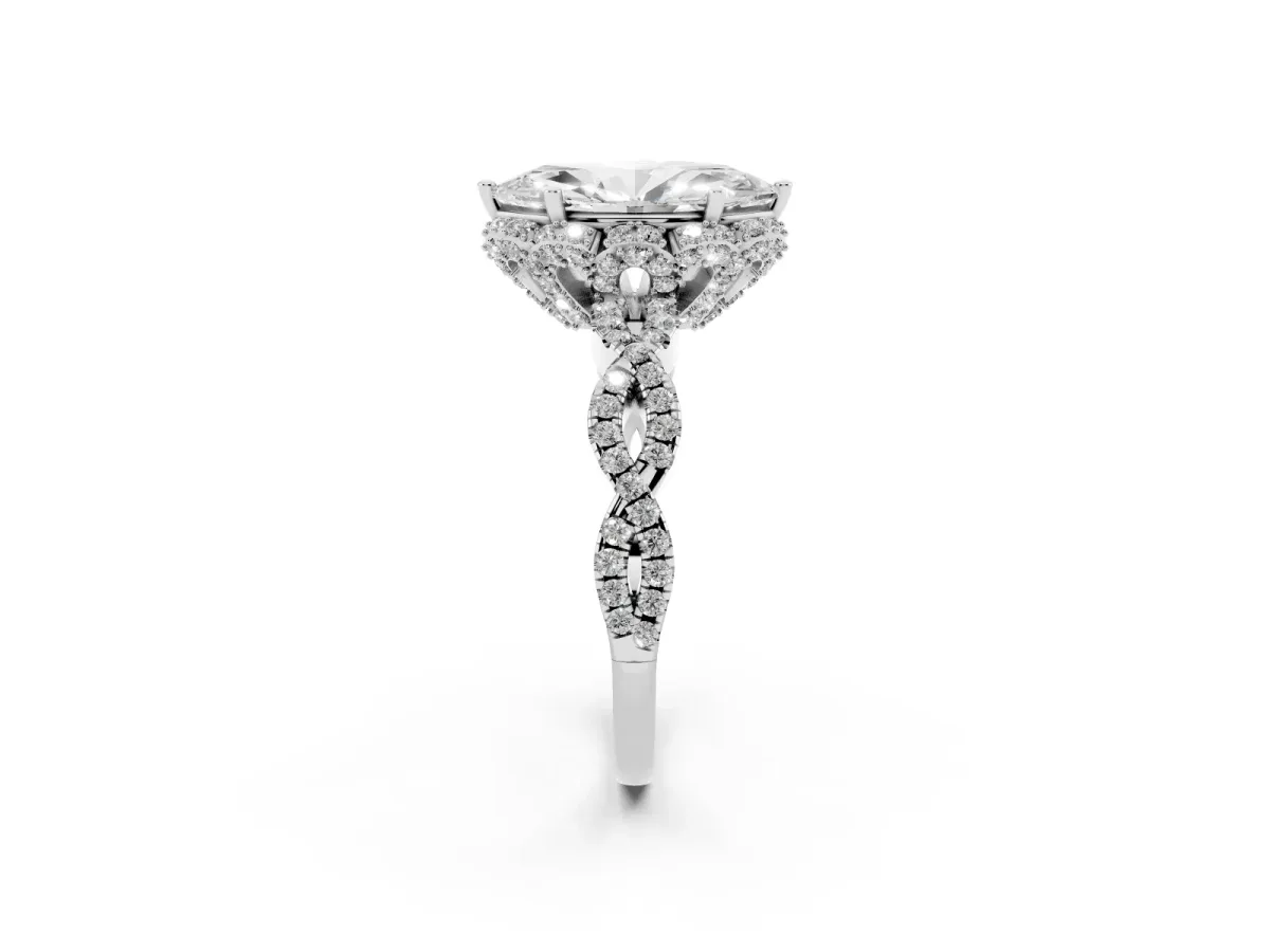 Marquise Cut Halo Twist Band Solitaire Ring with Six-Prong Setting Silver