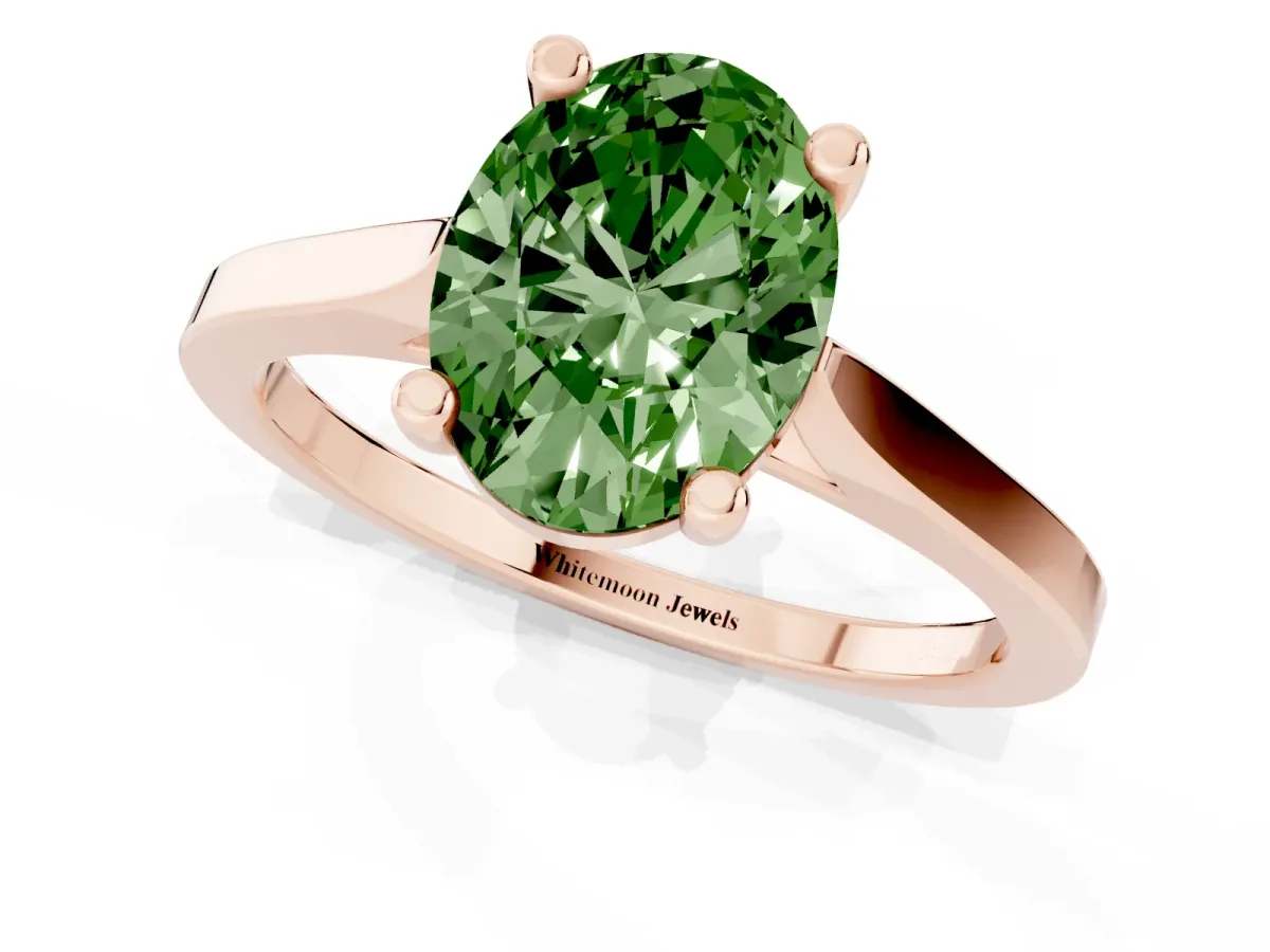Fancy Green Oval Cut Solitaire Diamond Ring with Four-Prong Setting and Tapered Band Rose gold