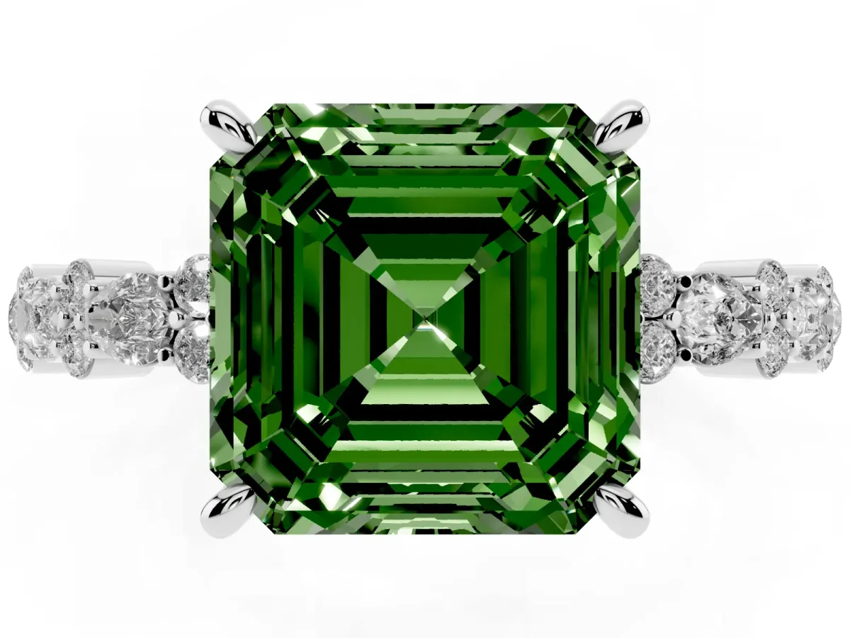 Fancy Green Asscher Cut Diamond Side Stone Solitaire Ring with Round and Four-Prong Setting Platinum