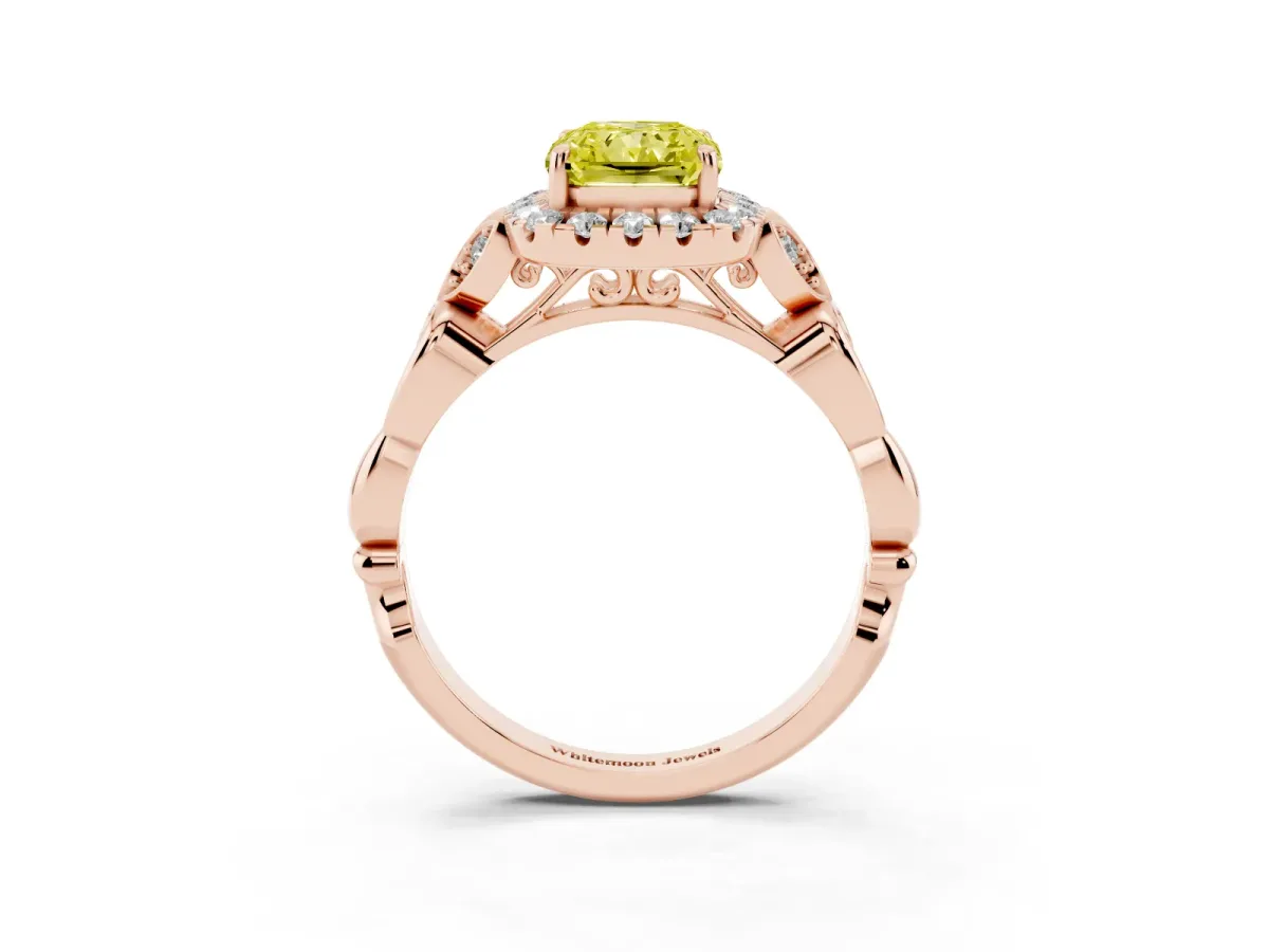Fancy Yellow Radiant Cut Halo Diamond Engagement Ring with Vintage-Inspired Band and Four-Prong Setting Rose gold