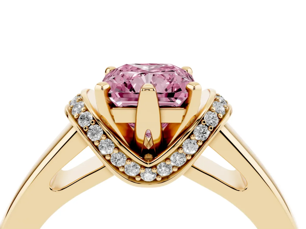 Fancy Pink Radiant Cut Solitaire Diamond Ring with Pave Band and Six-Prong Setting Yellow gold