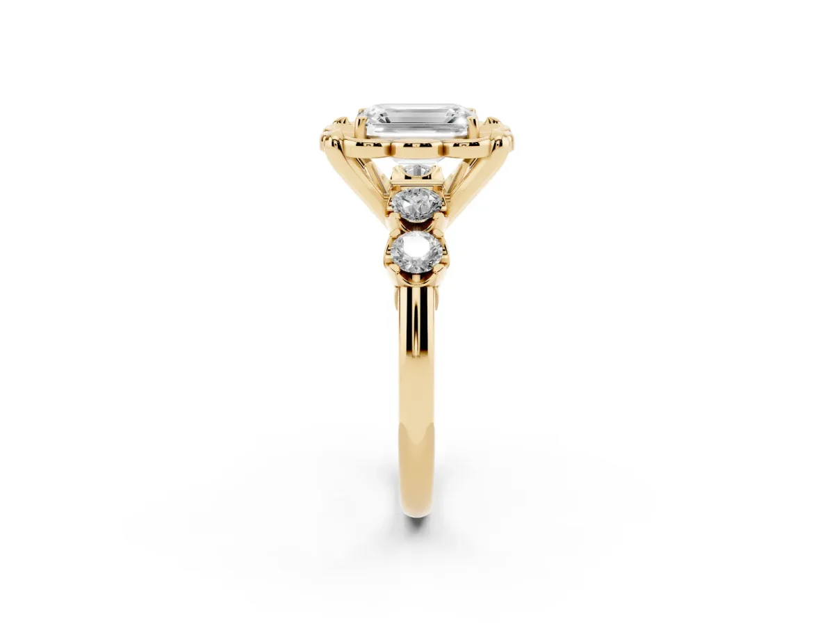 Emerald Cut Cut Diamond Floral Halo Engagement Ring with Shared Prong Setting Yellow gold