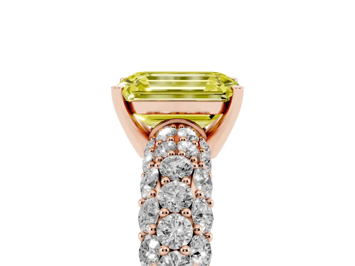 Fancy Yellow Emerald Cut Diamond Pavé Band Solitaire Ring with Four-Prong Setting Rose gold