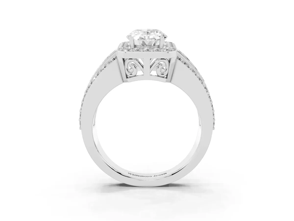Oval Cut Halo Diamond Ring with Round Split Shank and Prong Setting Platinum