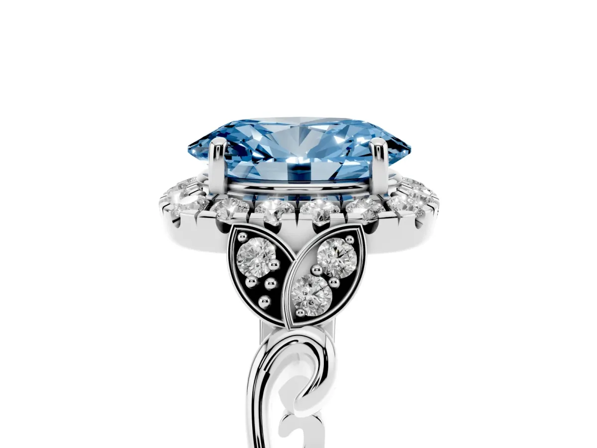 Fancy Blue Oval Cut Halo Diamond Engagement Ring with Vintage-Inspired Band and Four-Prong Setting White gold