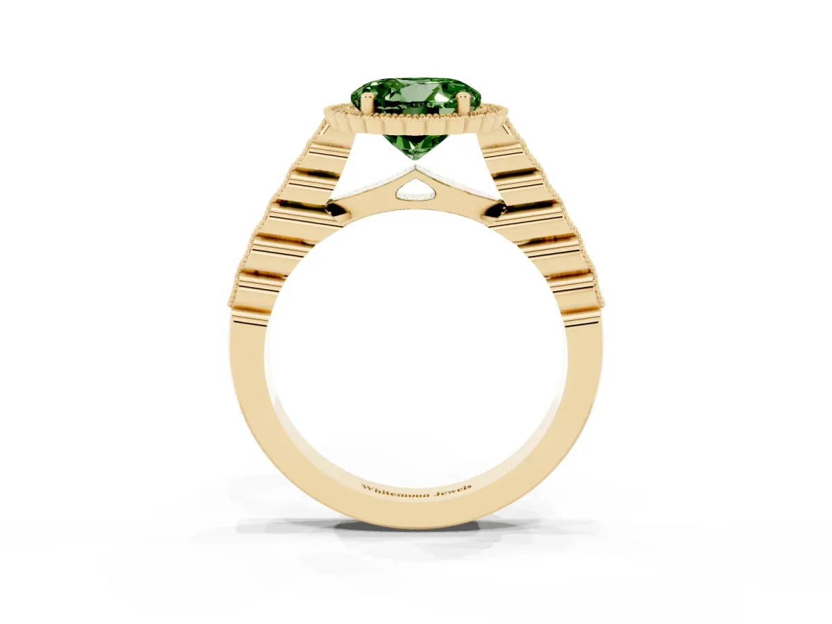 Fancy Green Round Cut Cut Halo Pavé Solitaire Ring with Milgrain Band Yellow gold