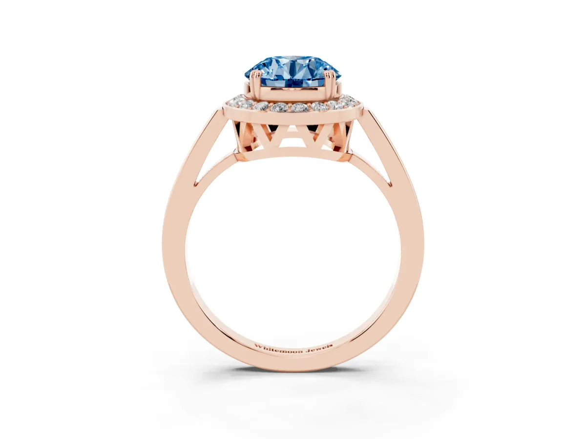 Fancy Blue Round Cut Diamond Halo Ring with Split Shank and Four-Prong Setting Rose gold