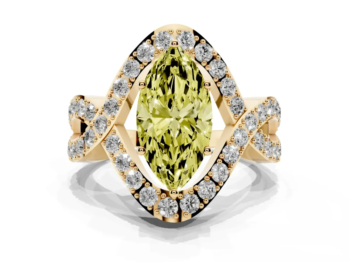 Fancy Yellow Marquise Cut Solitaire Twist Band Pavé Diamond Engagement Ring Yellow gold