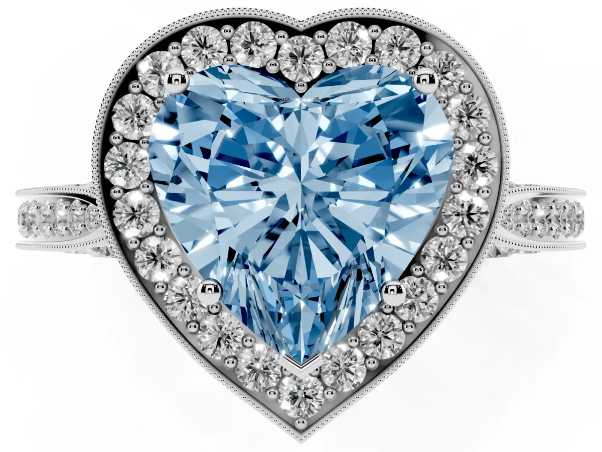 Fancy Blue Heart Cut Halo Diamond Engagement Ring with Split Shank Band and Four-Prong Setting Silver