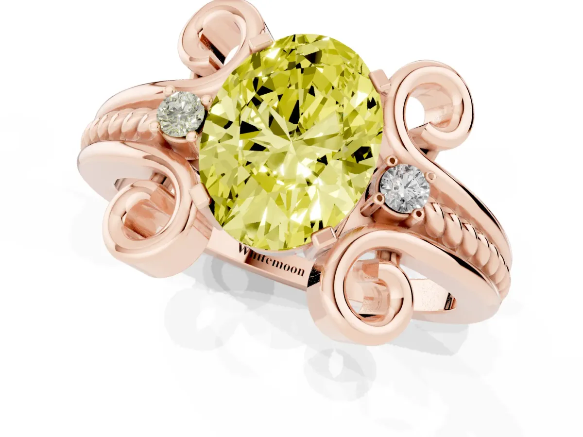 Fancy Yellow Oval Cut Solitaire Twisted Band Scroll Prong Ring Rose gold