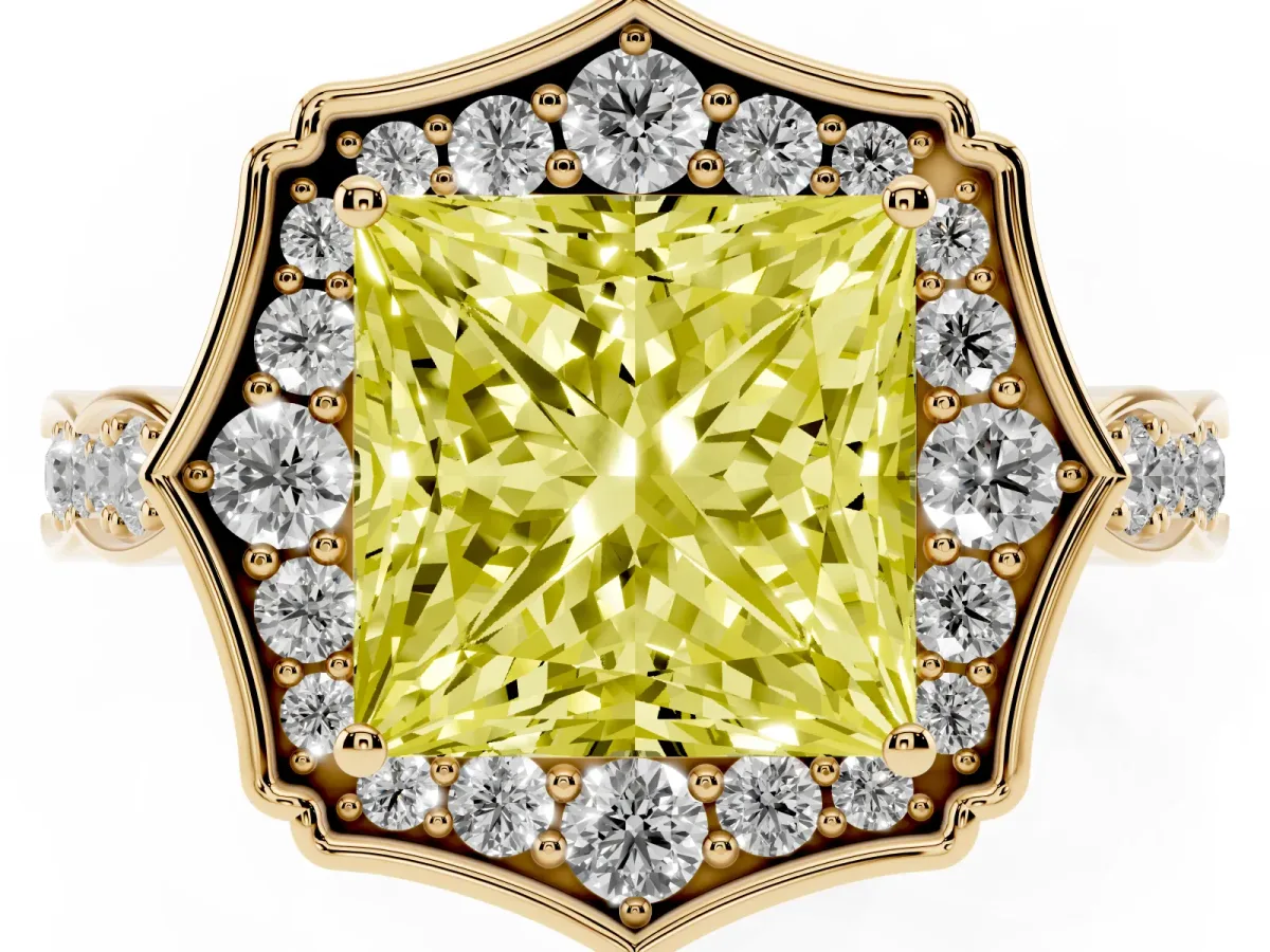 Fancy Yellow Princess Cut Halo Diamond Engagement Ring with Milgrain Band and Four-Prong Setting Yellow gold