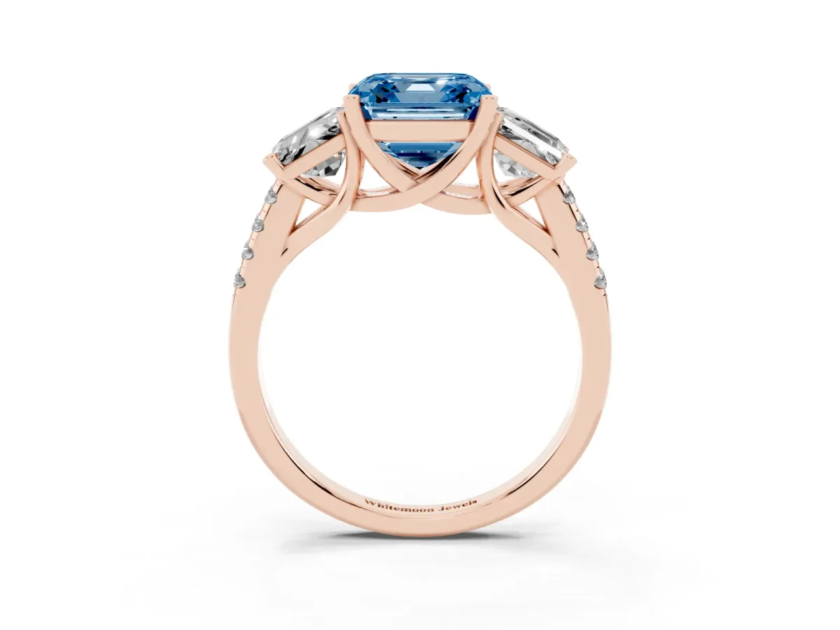 Fancy Blue Three-Stone Asscher Cut Diamond Ring with Round Pavé Band and Prong Setting Rose gold