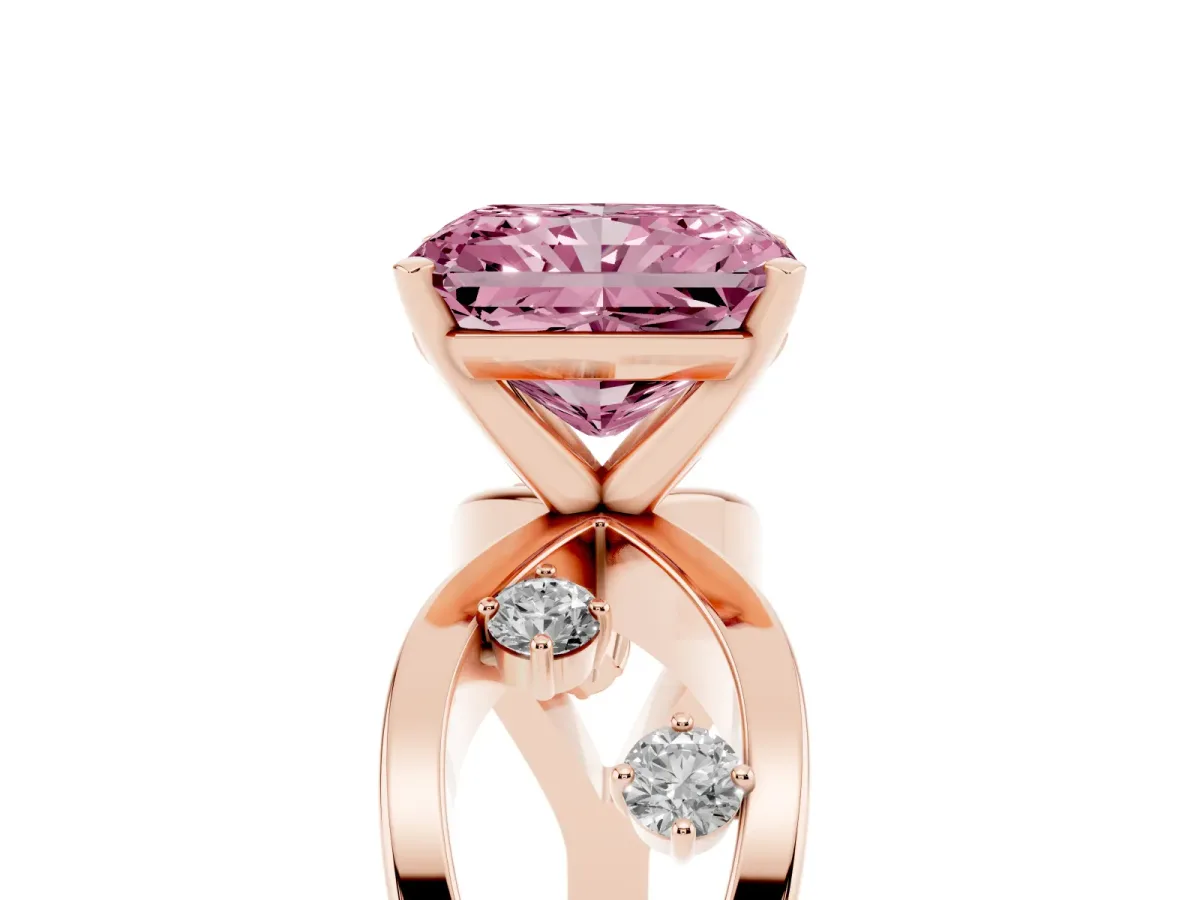 Fancy Pink Radiant Cut Cut Solitaire Diamond with Side Stones on Criss-Cross Band and Four-Prong Setting Rose gold