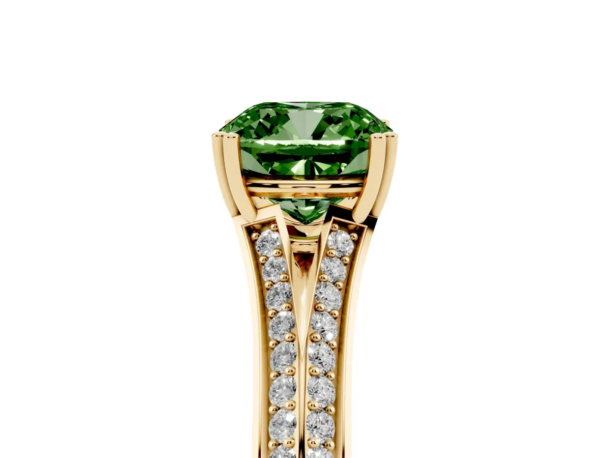 Fancy Green Cushion Cut Diamond Split Shank Engagement Ring with Pavé Band Yellow gold