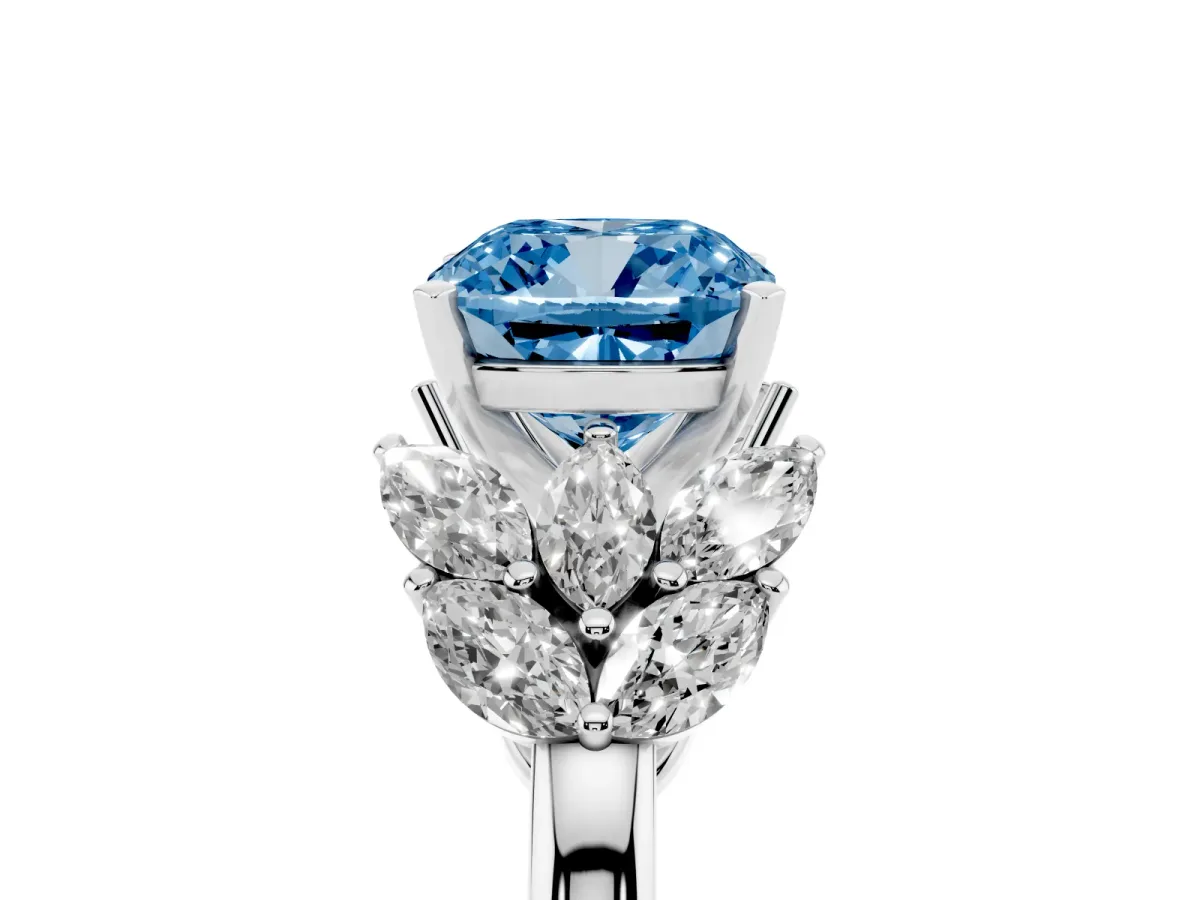 Fancy Blue Cushion Cut Diamond Cluster Leaf Design Ring with Prong Setting Silver