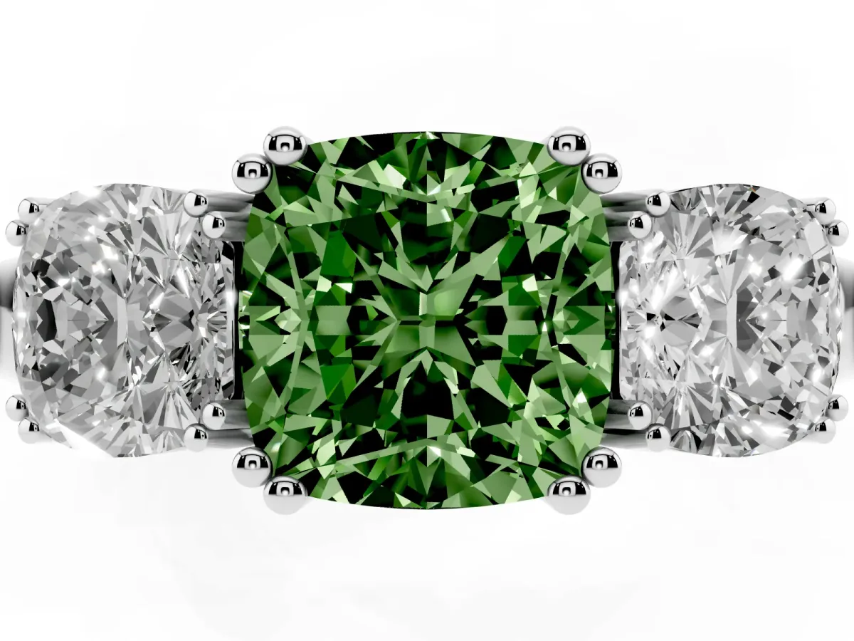 Fancy Green Three-Stone Cushion Cut Cut Diamond Ring with Channel Set Band and Four-Prong Setting Silver