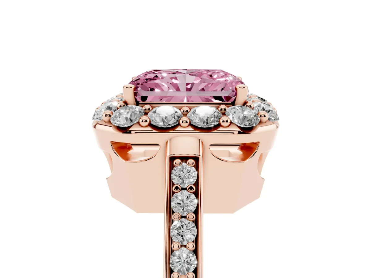 Fancy Pink Radiant Cut Diamond Floral Halo Ring with Pavé Band and Prong Setting Rose gold