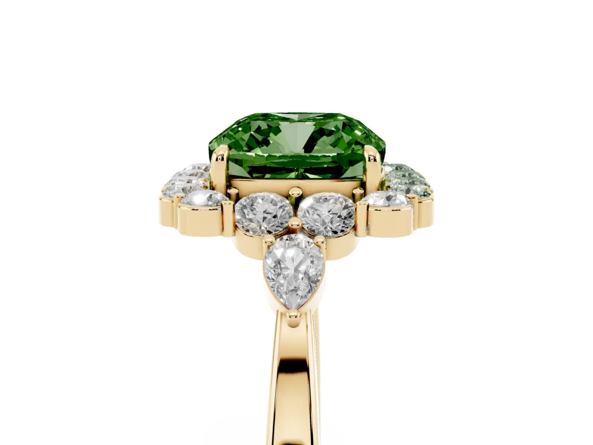 Fancy Green Cushion Cut Diamond Halo Ring with Pear Side Stones and Prong Setting Yellow gold