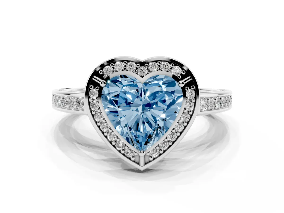 Fancy Blue Heart Cut Cut Halo Pave Split Shank Prong Setting Ring Silver