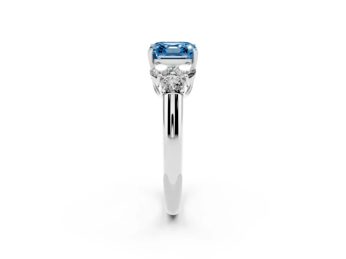 Fancy Blue Asscher Cut Cut Diamond Cluster Ring with Round Accent Stones and Prong Setting on a Classic Band White gold