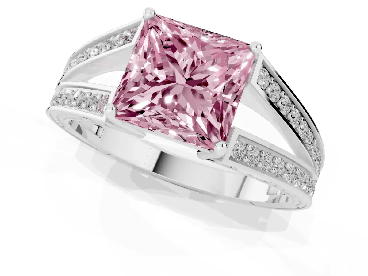 Fancy Pink Princess Cut Diamond Split Shank Ring with Pavé Band and Four-Prong Setting Platinum