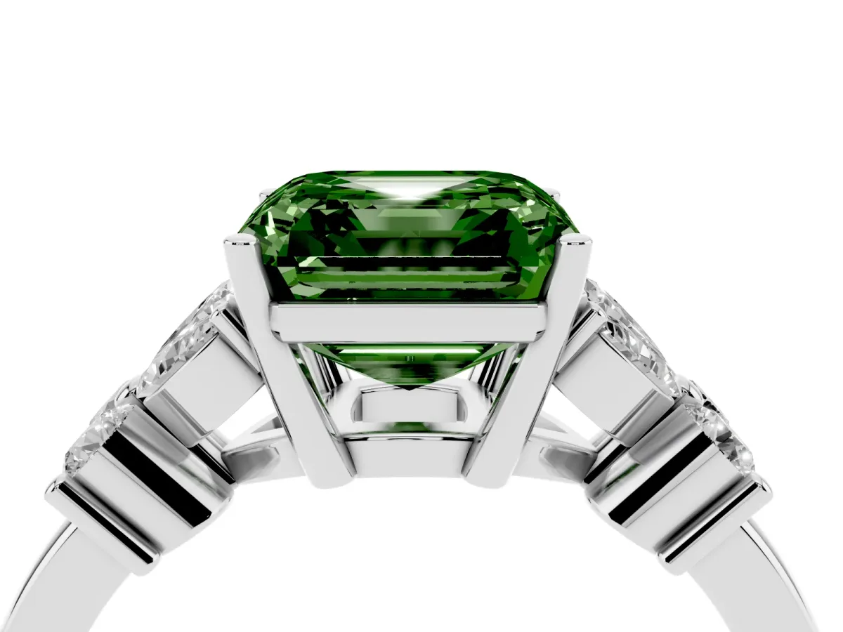 Fancy Green Asscher Cut Diamond Floral Cluster Ring with Solitaire Band and Prong Setting Silver