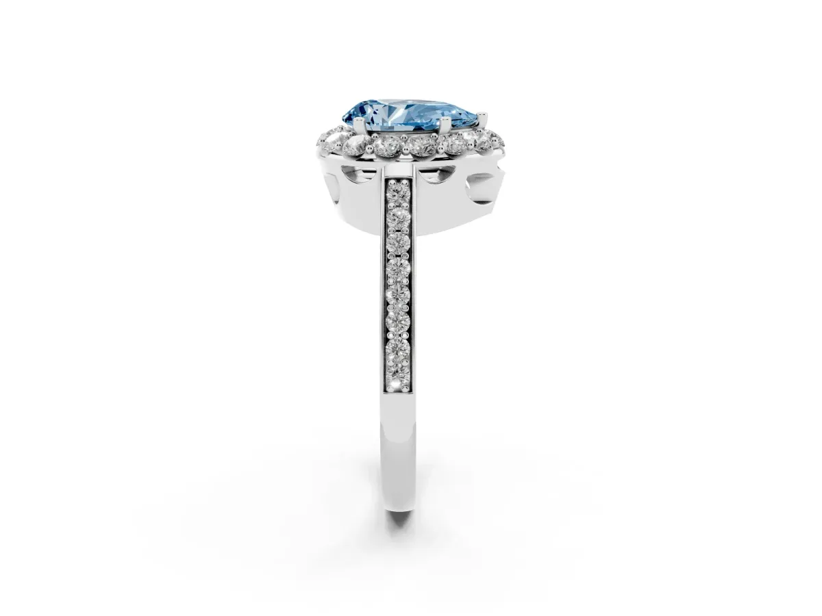 Fancy Blue Pear Cut Diamond Floral Halo Ring with Pavé Band and Prong Setting White gold