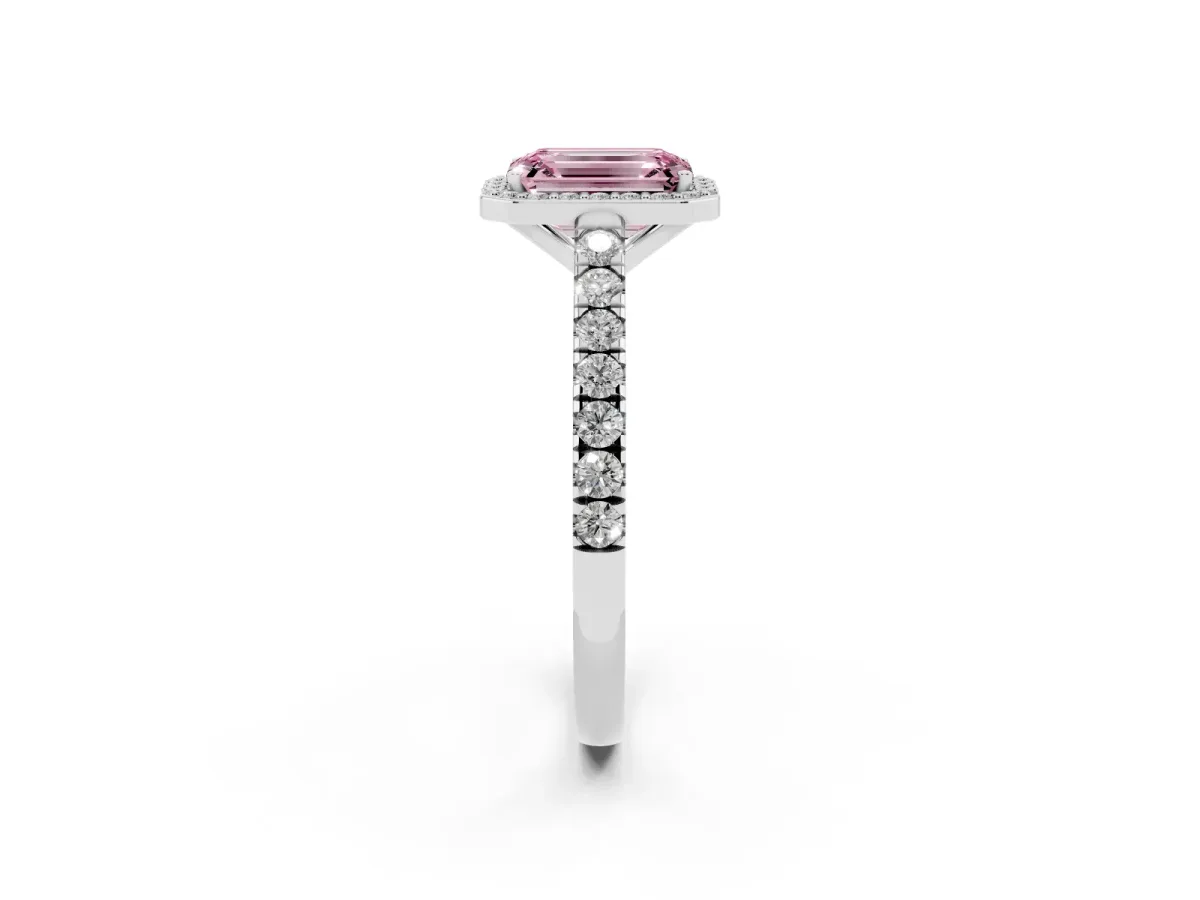 Fancy Pink Emerald Cut Cut Halo Diamond Engagement Ring with Pave Band and Four-Prong Setting White gold