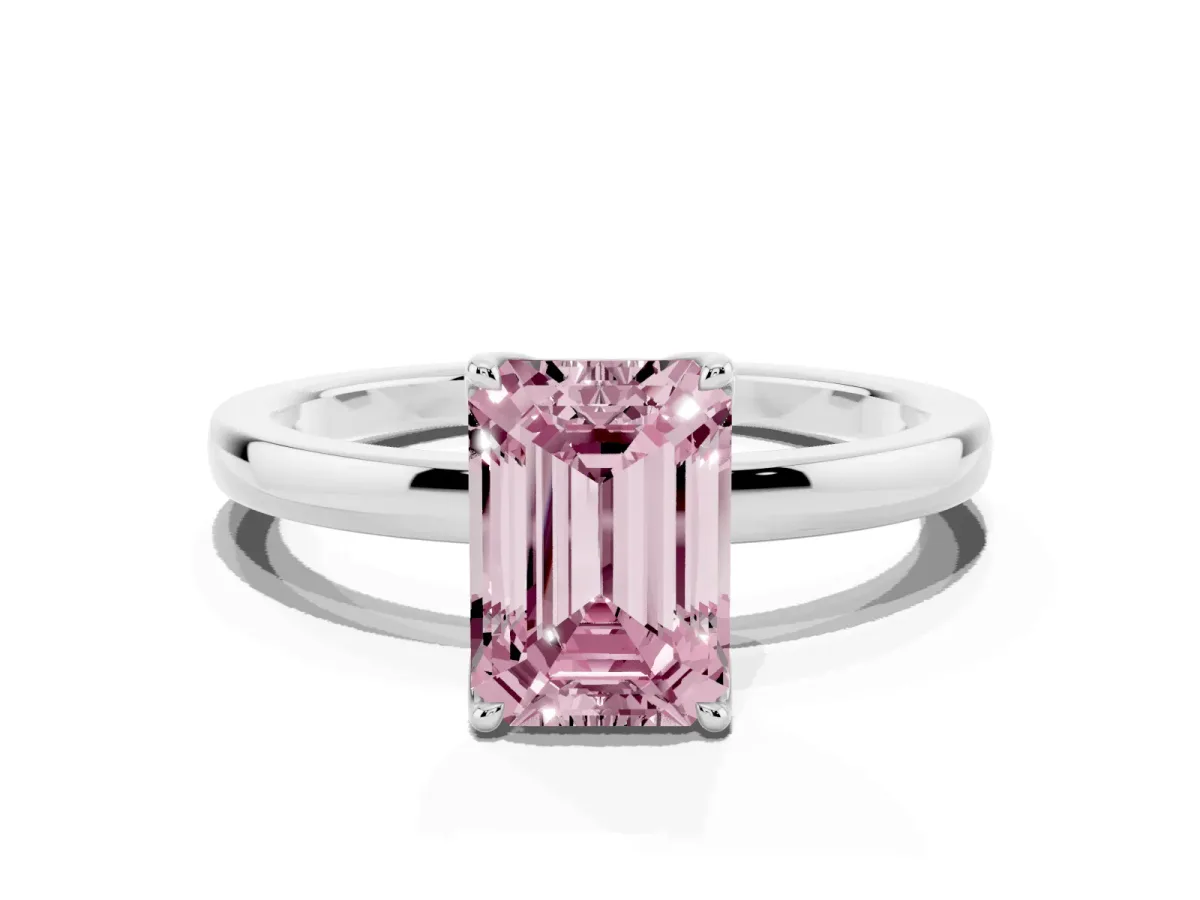 Fancy Pink Emerald Cut Diamond Solitaire Ring with Thin Band and Prong Setting Platinum