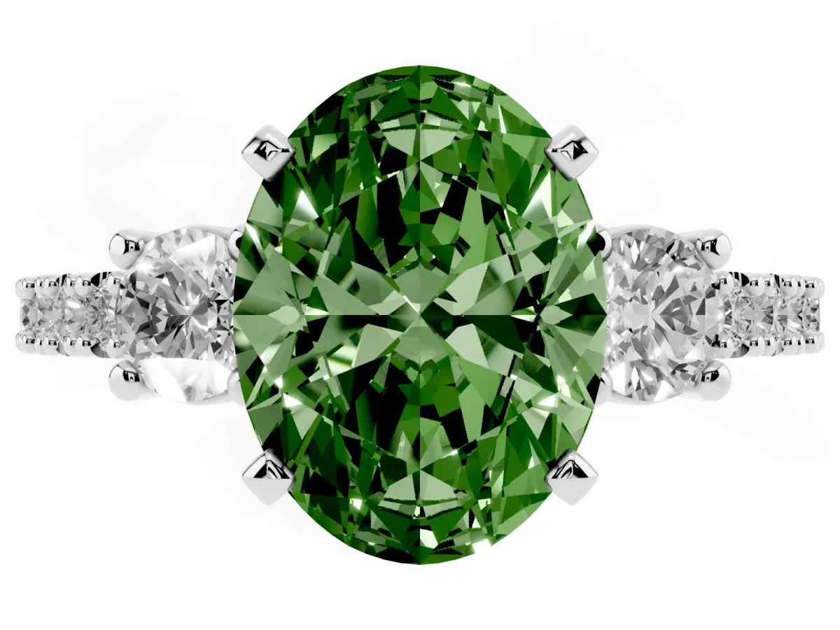 Fancy Green Oval Cut Three-Stone Diamond Pavé Band with Prong Setting Platinum
